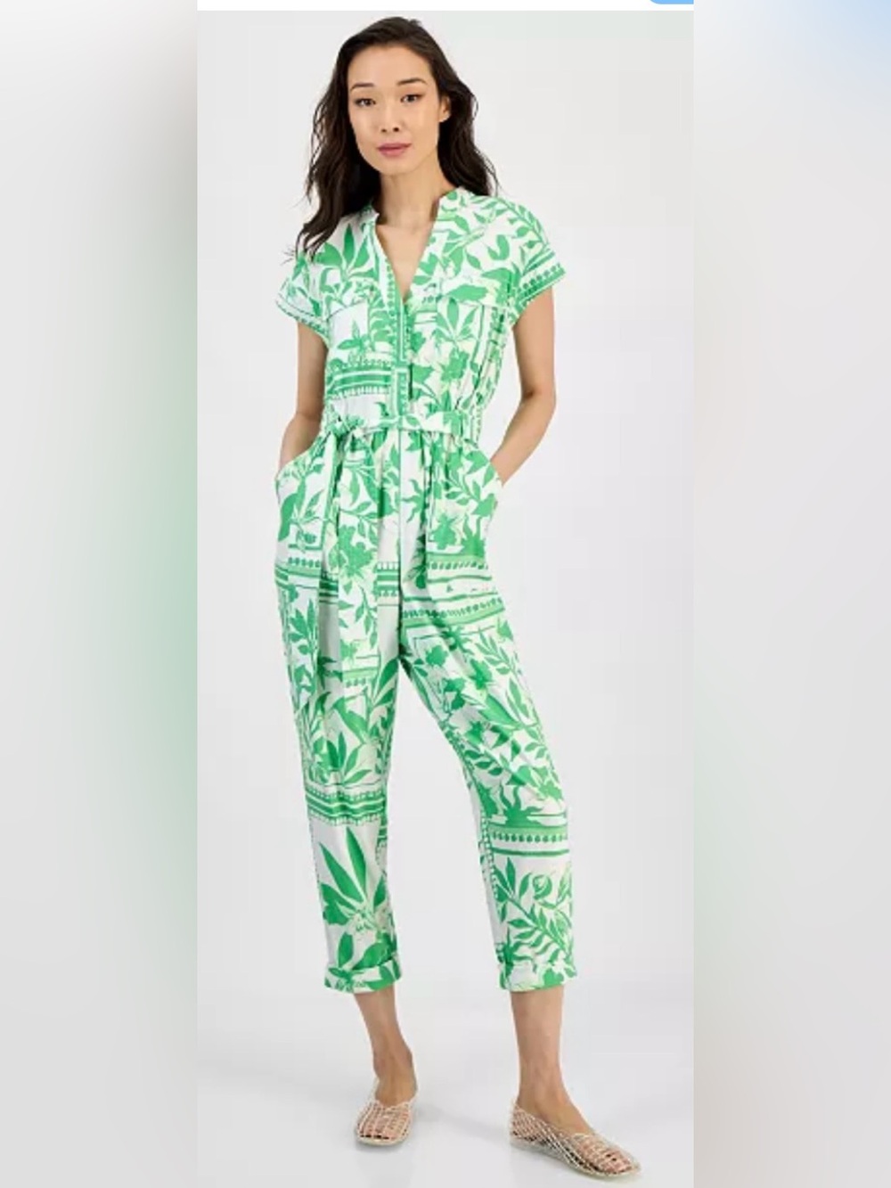 NWT Size 2 INC green and white printed belted cap-sleeve jumpsuit